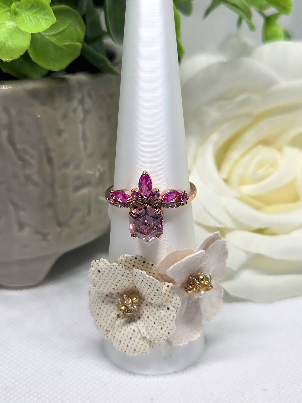 BP Pink Crystal Floral Cocktail Ring On Rose Gold Plating